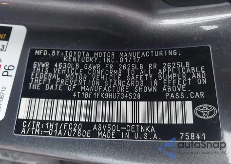 2017 Toyota Camry Le from USA, damaged, VIN 4T1BF1FK9HU734528